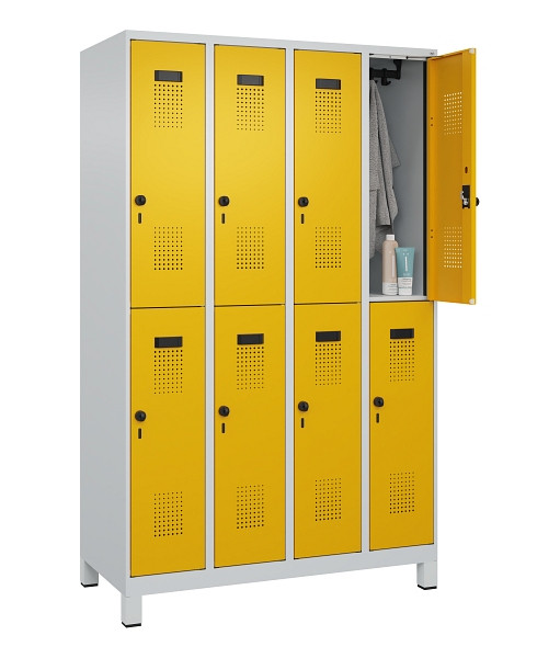C+P Doppelstöckiger Spind Evolo PLUS, mit Füßen, 8 Fächer, 1950x1200x500mm, 703, Frontfarbe RAL 1004 Goldgelb, Drehriegel, 049310-40 S10000