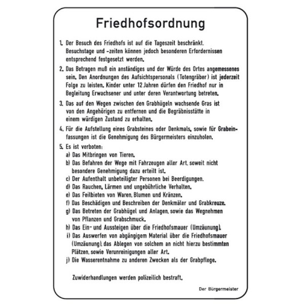 Stein HGS Friedhof- und Kirchenschild 'Friedhofsordnung', 420 x 630 mm, Flachform 2 mm, kf108006420