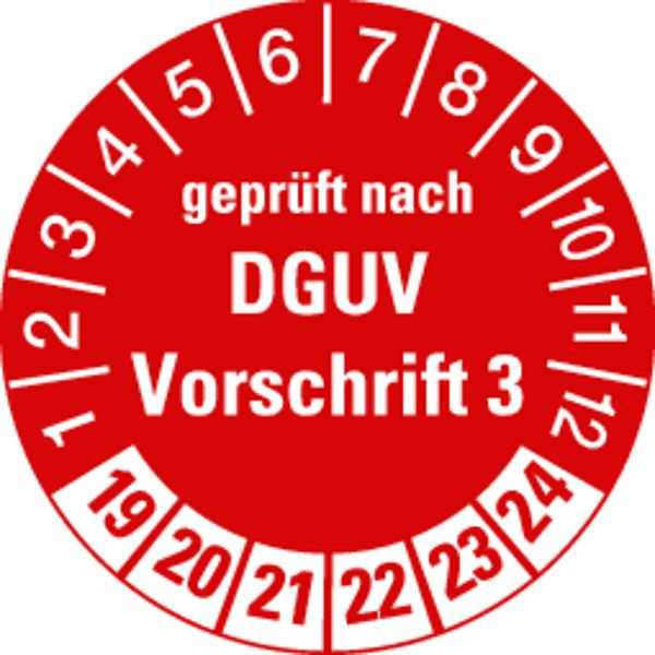 Schilder Klar Prüfplakette geprüft nach DGUV Vorschrift 3 ab 23 in rot/weiß (alte Norm: BGV A3), 30 mm Dokumentenfolie, VE: 40 Stück, 49/03.23