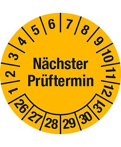 DENIOS Prüfplakette "Nächster Prüftermin", 26 - 31, gelbe Version, Folie, SK, 30 mm, VE: 5 Bogen à 15 Stück, 290065