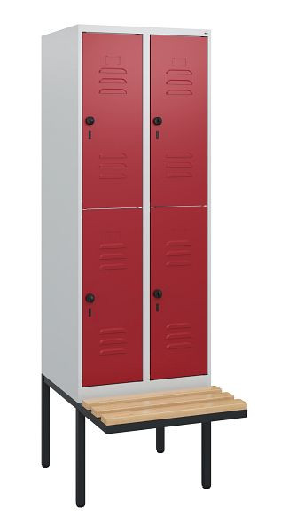 C+P Doppelstöckiger Spind Classic PLUS, 2 Abteile, 1950x600x815mm, 7035/3003, Drehriegel, Sitzleisten aus Buche, schwebende Sitzfläche, 0803405-20 S10001