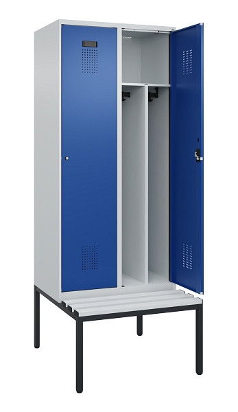 C+P Spind Evolo PLUS, 2 Abteile, 2120x800x815mm, 7035/5010, Haken 4, Zylinderschloss, Sitzfläche Kunststoff, Sitzbank, Trennwand, 0490507-22F S10087