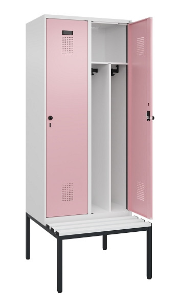 C+P Spind Evolo PLUS, 2 Abteile, 2120x800x815mm, 9016/3015, Haken 4, Drehriegel, Sitzfläche Kunststoff, Sitzbank, Trennwand, 0490507-22F S10072
