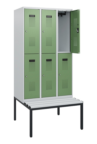 C+P Doppelstöckiger Spind Evolo PLUS, Bank, 6 Fächer, 1950x900x815mm, 7035/6011, Zylinderschloss, Sitzfläche Kunststoff, Sitzbank, 0493505-30 S10145