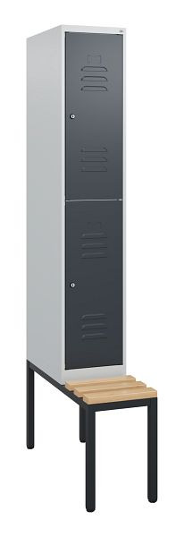 C+P Doppelstöckiger Spind Classic PLUS, 1950x300x815mm, 7035/7016, Zylinderschlösser, Sitzleisten aus Buche, mit untergebauter Sitzbank, 0803505-10 S10038