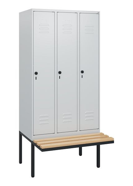 C+P Umkleidespind Classic PLUS, 3 Abteile, 1950x900x815mm, 7035/7035, Drehriegel, Buche-Sitzleisten, 0800405-30 S10009