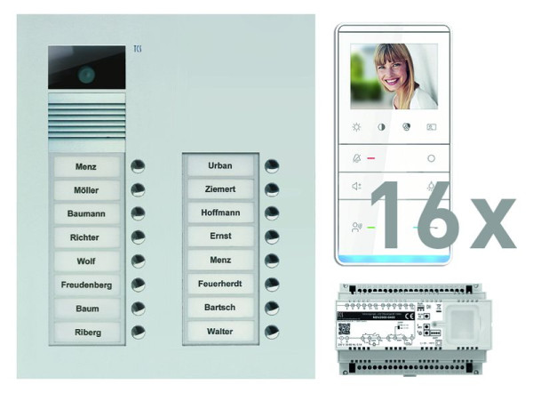 TCS Türkontrollsystem video:pack UP für 16 Wohneinheiten, mit Außenstation AVU 16 Klingeltasten, 16x Video Freisprecher IVW5111, Steuerung, PVU17160-0010