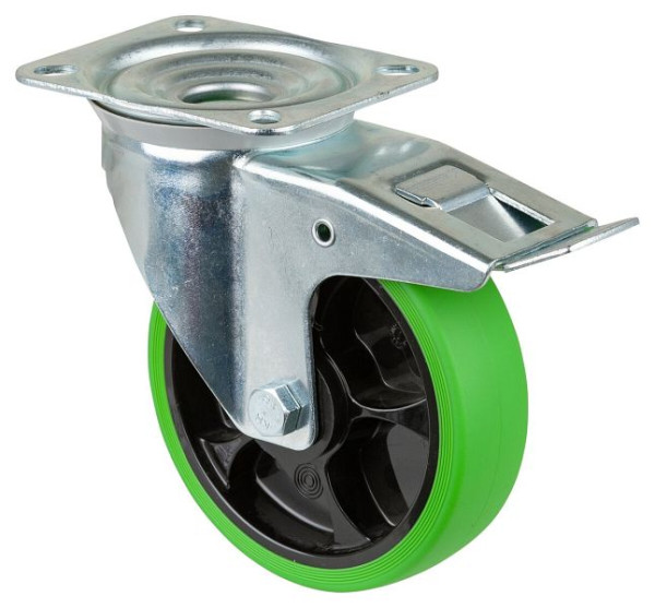 BS Rollen Transportrolle Lenkrolle mit Festeller, thermoplastisches Gummirad, Reifen grün, Rollenlager, Platte, 160 mm, VE: 2 Stück, L420.B44.161.04