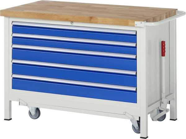 RAU Absenkbare Werkbank 8000 - Modell 8371, B1250 x T700 x H880 mm, Unterbau-Container, 5x Schubladen: 2xH90, 3xH120 mm, 05-8371A2-127B4F.11