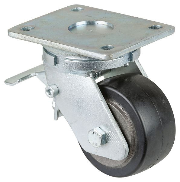BS Rollen Schwerlastrolle mit Rad-/Feststeller, Breite 50 mm, Ø100 mm, bis 210 kg, Elastik-Reifen schwarz, Radkörper Guss, Kugellager, RR120.B81.101