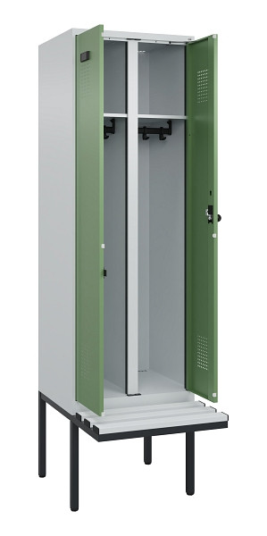 C+P Schwarz-Weiß-Spind Evolo PLUS, Bank, 2 Abteile, 2120x600x815mm, 7035/6011, Drehriegel, Material Sitzfläche Kunststoff, 0490427-20 S10064