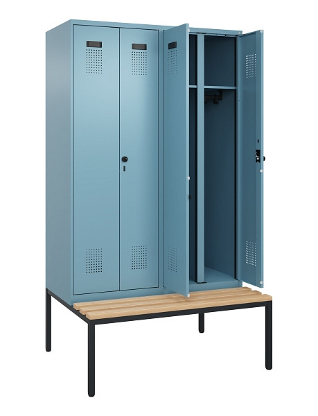 C+P Schwarz-Weiß-Spind Evolo PLUS, Bank, 4 Abteile, 2120x1200x815mm, 0010/0010, Drehriegel, Sitzfläche Buche-Hartholz, Sitzbank, 0490527-40 S10021