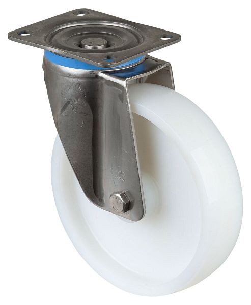 BS Rollen Edelstahl-Schwerlastrolle Lenkrolle, Edelstahl, Kunststoffrad, Gleitlager, Anschraubplatte 200 mm, Tragfähigkeit 450 kg, HS100.A90.201