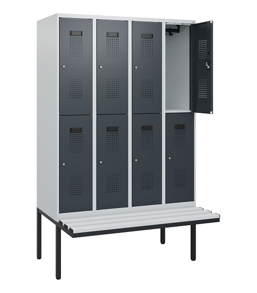 C+P Doppelstock-Spind Evolo PLUS, Bank, 8 Fächer, 1950x1200x815mm, 7035/7016, Zylinderschloss, Sitzfläche Kunststoff, 0493405-40 S10147