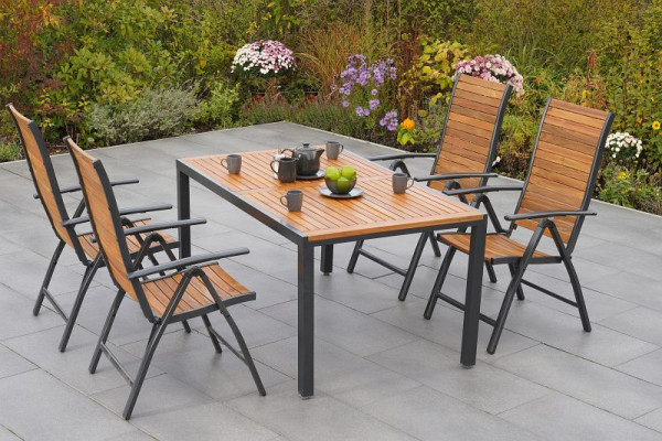Merxx Santorin Set 5-teilig, 4 Klappsessel, Rückenlehne 5-fach verstellbar, 1 Tisch 150 x 90 cm, Aluminium mit FSC® Akazienholz, 50671-209