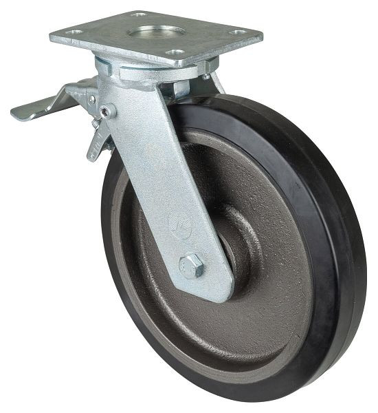 BS Rollen Schwerlastrolle mit Rad-/Feststeller, Breite 50 mm, Ø250 mm, bis 500 kg, Elastik-Reifen schwarz, Radkörper Guss, Kugellager, RR120.B81.250