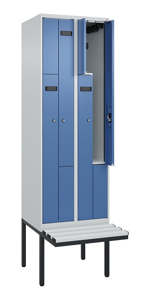 C+P Z-Spind Evolo PLUS, Bank, 4 Fächer, 2120x600x815mm, 7035/5023, Zylinderschloss, Material Sitzfläche Kunststoff, 0490437-204 S10089