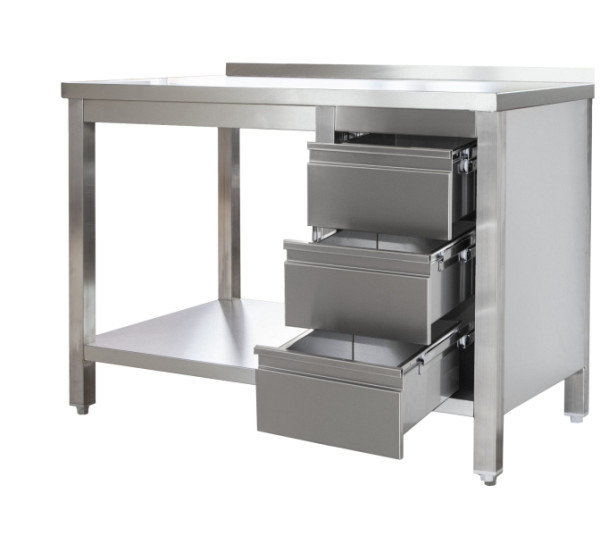 A&S Gastro Edelstahl Arbeitstisch mit Aufkantung, Schubladenblock rechts Bautiefe 800mm, mit Grundboden, AISI 304, 1800 x 800 x 850 mm, ARTGASR188