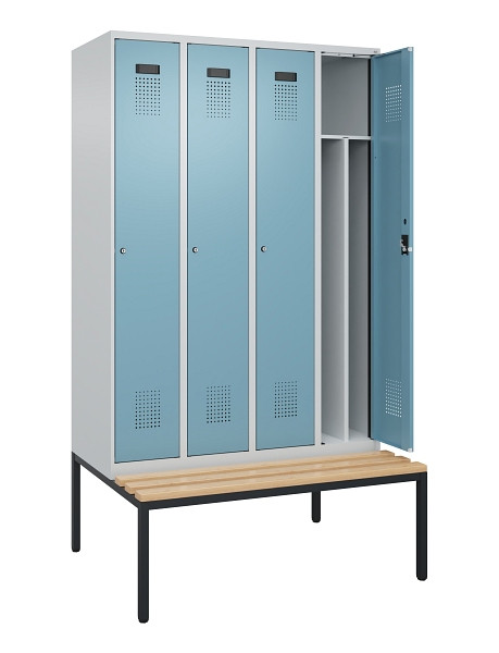 C+P Spind Evolo PLUS, 4 Abteile, 2120x1200x815mm, 7035/0010, Haken 4, Zylinderschloss, Sitzfläche Buche-Hartholz, Sitzbank, 0490507-40F S10036
