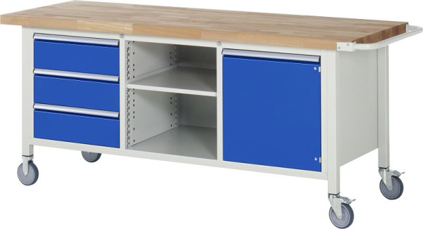 RAU Fahrbare Werkbank-Modell 8563, B2000xT700xH880-1080mm, Dreifach-Unterbau-Container, li: 3x180mm, mitte: Fachboden, re: Flügeltür, 05-8563A2-207B4H.11
