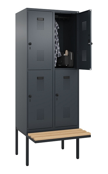 C+P Doppelstock-Spind Evolo PLUS, Bank, 4 Fächer, 2120x800x815mm, 7016/7016, Drehriegel, Sitzfläche Buche-Hartholz, 0493407-22 S10016