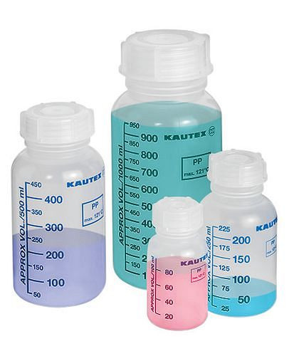 DENIOS Weithalsflaschen aus PP, Volumenskala, mit Schraubverschluss, 500 ml, VE: 16 Stück, 281908
