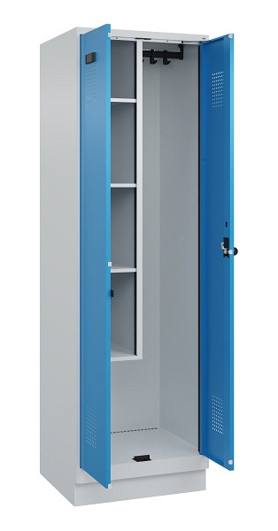 C+P Putzmittel-Spind Evolo PLUS, mit Sockel, 2 Abteile, 1950x600x500mm, 7035/501, Frontfarbe RAL 5012 Lichtblau, Drehriegel, 049120-00 S10007