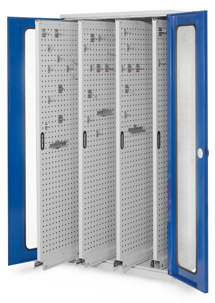 Kappes RasterPlan Vertikalschrank Modell 83, 1950 x 1000 x 600 mm, RAL 7035/5010, Sichtfenstertür, 4 Auszüge Lochplatten, 1464.01.5016