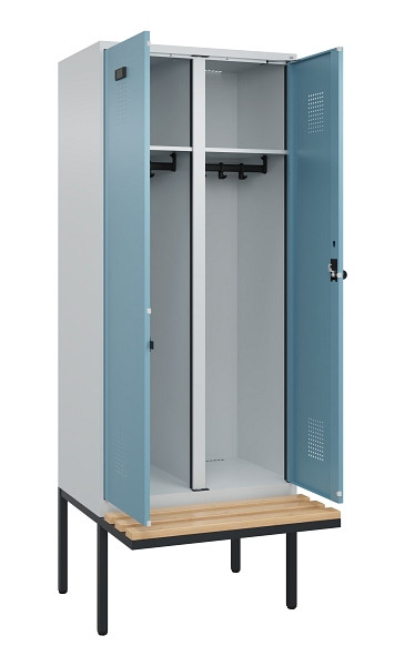 C+P Schwarz-Weiß-Spind Evolo PLUS, Bank, 2 Abteile, 2120x800x815mm, 7035/0010, Drehriegel, Sitzfläche Holz, 0490427-22 S10009