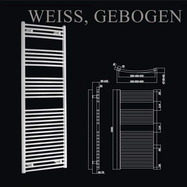 MERT Badheizkörper weiß gebogen, 400 x 800 mm, Mittelanschluss, 2-40x080-M
