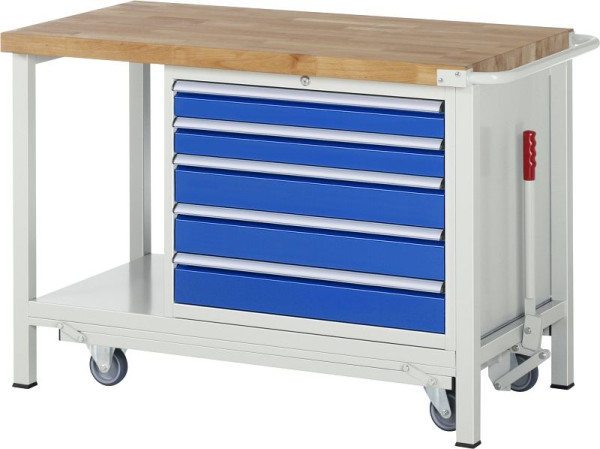 RAU Absenkbare Werkbank 8000 - Modell 8271, B1250 x T700 x H880 mm, Unterbau-Container rechts, 5x Schubladen: 2xH90, 3xH120 mm, 05-8271A6-127B4F.11