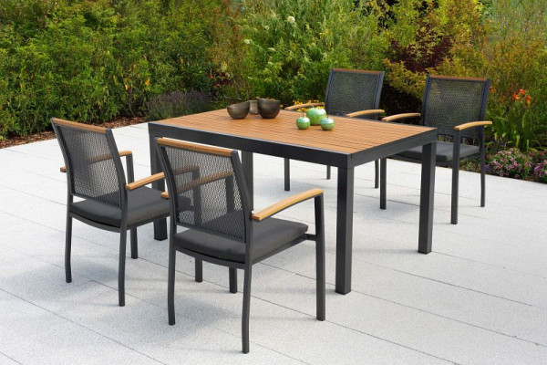 Merxx Itanos Set 9-teilig, 4 Itanos Stapelsessel, 4 Sitzkissen, grau, 1 Tisch 150 x 90 cm, Tischplatte aus Kunststoff in Holzoptik, 50482-800