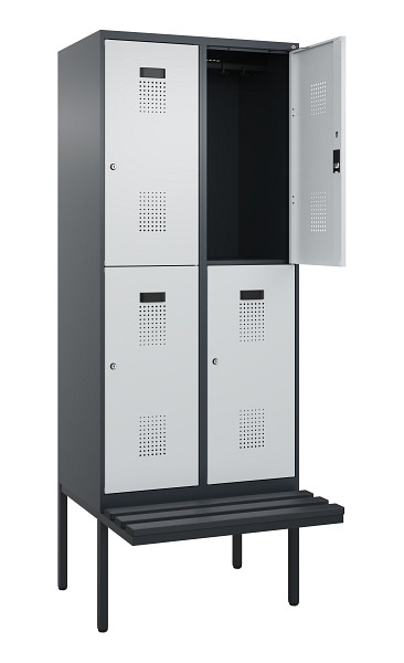 C+P Doppelstock-Spind Evolo PLUS, Bank, 4 Fächer, 2120x800x815mm, 7016/7035, Zylinderschloss, Sitzfläche Kunststoff, 0493407-22 S10125