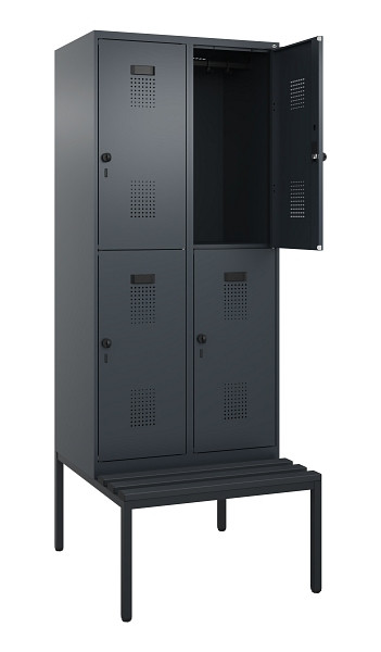 C+P Doppelstock-Spind Evolo PLUS, Bank, 4 Fächer, 2120x800x815mm, 7016/7016, Drehriegel, Sitzfläche Kunststoff, Sitzbank, 0493507-22 S10097