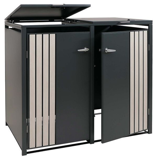 Mendler 2er-Mülltonnenverkleidung HWC-O67, Mülltonnenbox mit Deckel, Metall 122x132x84cm 53kg, anthrazit Holzoptik hell, 122332+122333