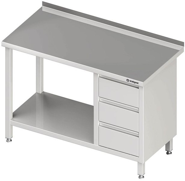 Stalgast Arbeitstisch mit Grundboden, 1600x600x850 mm, mit 3er Schubladenblock rechts, mit Aufkantung, verschweißt, VAT16609RA