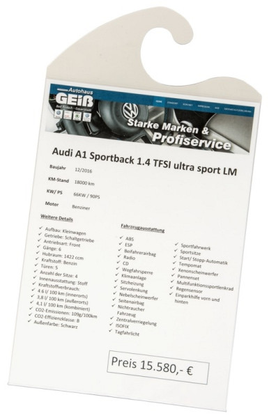 Eichner Preisblatt-Tasche A4 hoch mit integrierter Hakenaufhängung, Format H: 380 mm x B: 211 mm, VE: 5 Stück, 9219-01054