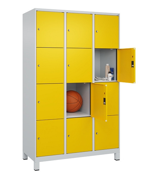 C+P Schließfachschrank Evolo PLUS, mit Füßen, 12 Fächer, 1950x1200x500mm, 7035/1023 Verkehrsgelb, Abteile 3, Abteilbreite 400 mm, 049010-324 S10001