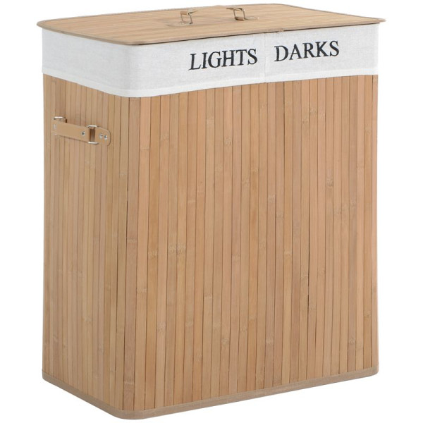 HOMCOM Bambus Wäschekorb mit Deckel 100 L Wäschesammler mit PU-Griffen, Wäschesack aus Segeltuch, 850-020