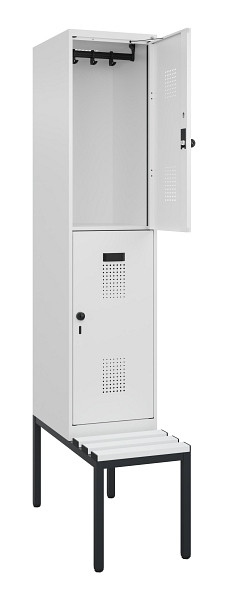 C+P Doppelstock-Spind Evolo PLUS, Bank, 2 Fächer, 2120x400x815mm, 9016/9016, Drehriegel, Sitzfläche Kunststoff, Sitzbank, 0493507-12 S10101
