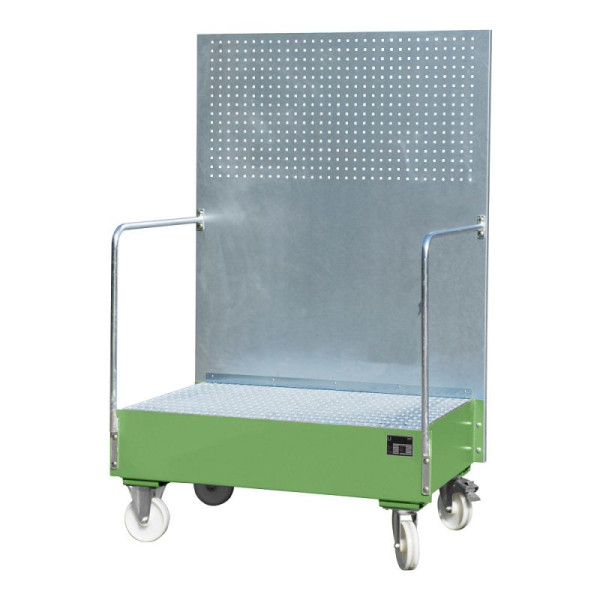 STEIN HGS Fahrbare Auffangwanne mit Lochplattenwand LPW, 215 Liter, RAL 6011 resedagrün, Höhe 2015mm, lackiert, 2x200 Liter Fass, Breite 1290mm, 79205.0010