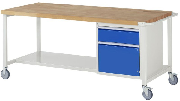 RAU Fahrbare Werkbank 8000 - Modell 8152, B2000 x T900 x H880-1080 mm, Systemunterbau B1995 x T850 mm, 1 x Schublade, 1 x Flügeltür, 05-8152A6-209B4H.11