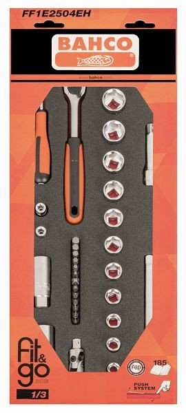 Bahco Fit&Go 1/3 Schaumstoffeinlage mit Satz 1/4"- und 3/8"-Steckschlüsseleinsätze, 33-teilig, FF1E2504EH