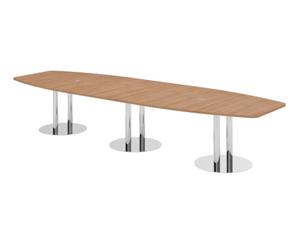 Hammerbacher Konferenztisch KT40S, 400 x 130 cm, Platte: Nussbaum, 25mm dick, mit drei verchromten Säulenfüßen, 7,6/70 cm, Arbeitshöhe 74 cm, VKT40S/N/C