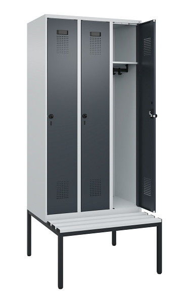 C+P Spind Evolo PLUS, 3 Abteile, 2120x900x815mm, 7035/7016, Haken 3, Drehriegel, Sitzfläche Kunststoff, Sitzbank, 0490507-30 S10066