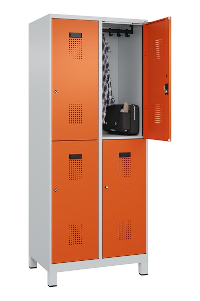 C+P Doppelstöckiger Spind Evolo PLUS, mit Füßen, 4 Fächer, 1950x800x500mm, 7035, Frontfarbe RAL 2004 Reinorange, Zylinderschloss, 049310-22 S10029