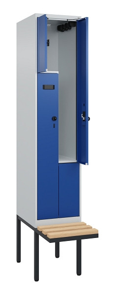 C+P Z-Spind Evolo PLUS, Bank, 2 Fächer, 2120x400x815mm, 7035/5010, Drehriegel, Sitzfläche Holz, 0490437-122 S10015