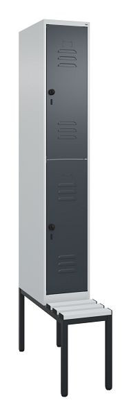 C+P Doppelstöckiger Spind Classic PLUS, Bank, 2120x300x815mm, 7035/7016, Drehriegel, mit untergebauter Sitzbank, 0803507-10 S10113