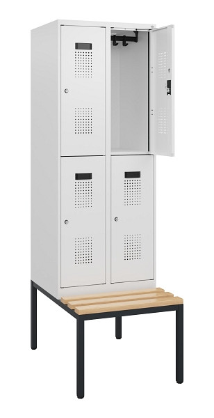 C+P Doppelstöckiger Spind Evolo PLUS, Bank, 4 Fächer, 1950x600x815mm, 9016/9016, Zylinderschloss, Sitzfläche Buche-Hartholz, Sitzbank, 0493505-20 S10053