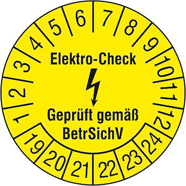 SafetyMarking Prüfplakette, Elektro-Check - Geprüft gemäß BetrSichV, Prüfzeitraum: 19-24, Ø 3 cm, Folie, selbstklebend, VE: 15 Stück/Bogen, 30.C3100-19-24